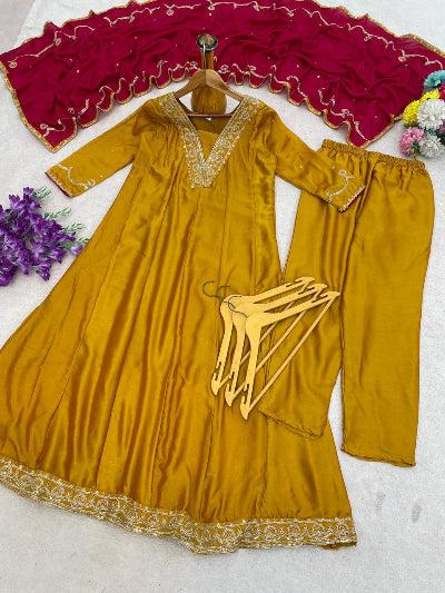 Mustard Yellow Embroidered Anarkali Suit with Pink Dupatta