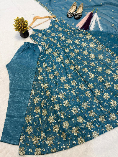 Blue Sleeveless Crush Silk Embroidered Anarkali Suit