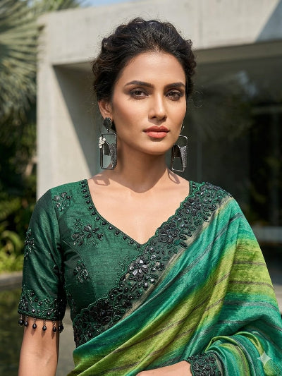 Teal Green Embroidered Chiffon Silk Ready to Wear Saree with Stitched Blouse for Women