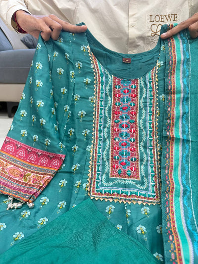 Blue Pure Chinon Handwork Anarkali Suit Set