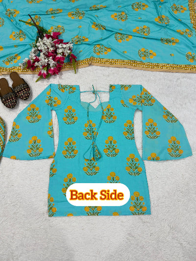 Turquoise Blue Cotton Farshi Suit for Women