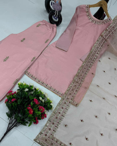 Pastel Pink Embroidered Satin Palazzo Set UK Next Day