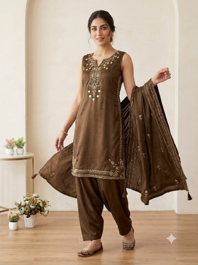 Olive Brown Sequins Embroidered Sleeveless Salwar Suit Set for Women UK
