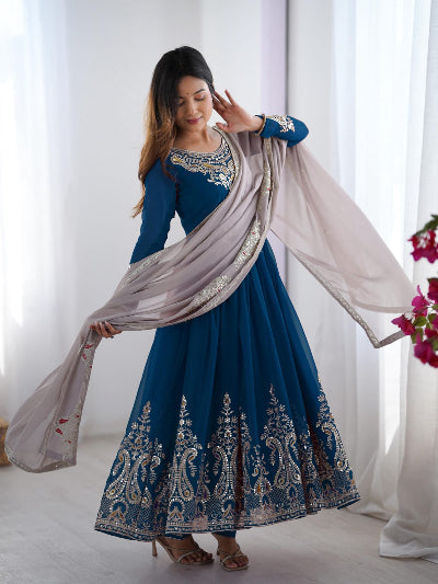 Teal Blue Georgette Intricate Embroidery Anarkali Suit