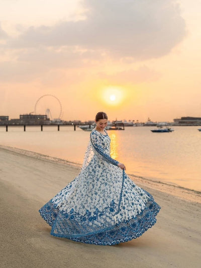 White Blue Georgette Embroidery Anarkali Suit Set