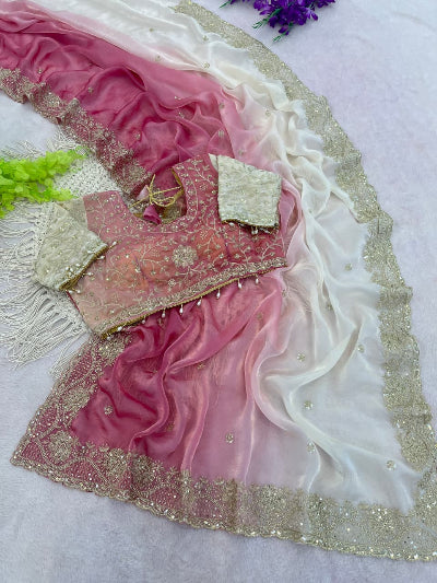 Blush Pink &amp; White Pre-pleated Ready to Wear Saree with Embroidered Stitched Blouse