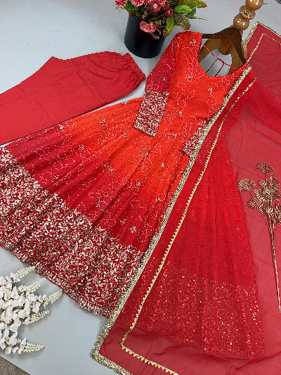 Red Orange Ombre Embroidered Anarkali Gown Set