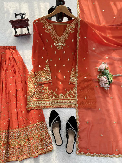 Orange Gold Embroidery Georgette Sharara Suit