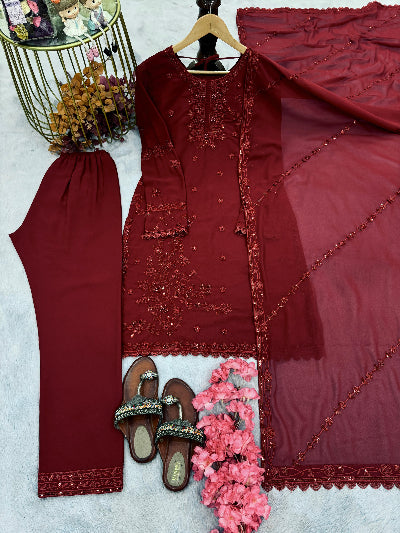 Dark Maroon Georgette Embroidery Straight Suit
