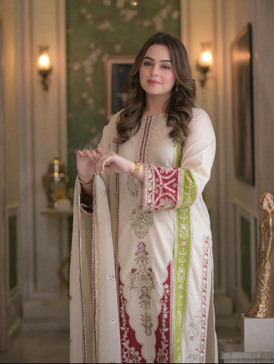 Ivory Cream Embroidered Roman Silk Suit with Dupatta for Women |Asian Ethnic Wear UK