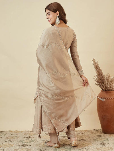 Golden Beige Silk Modest Anarkali Suit