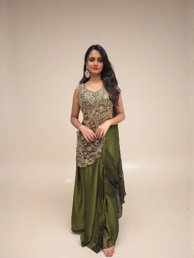 Designer Lehenga Saree &amp; Embroidered Blouse Burgundy &amp; Olive Green