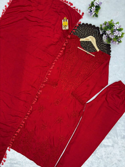 Red Embroidered Rayon Straight Suit Set
