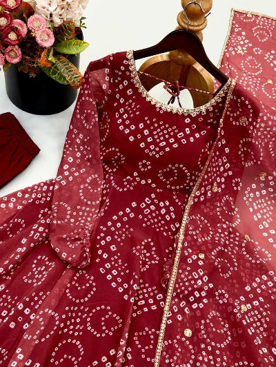 Classic Maroon Georgette Bandhani Anarkali Suit for Women