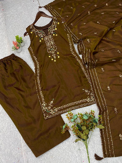 Olive Brown Sequins Embroidered Sleeveless Salwar Suit Set for Women UK