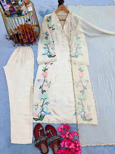 Ivory Floral Embroidered Roman Glass Kaftan Suit Set for Women UK