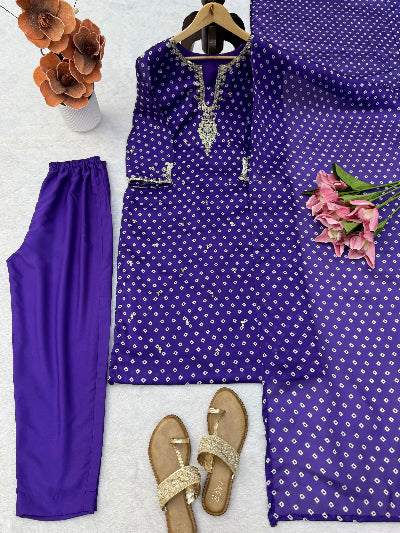 Royal Purple Satin Georgette Straight Suit with Sequin Work