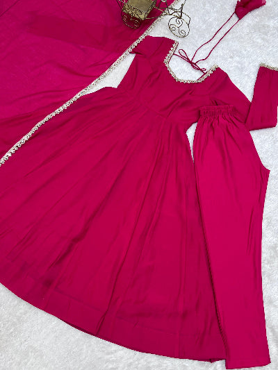 Rani Pink Embroidered Chanderi Anarkali Suit with Mirror Lace