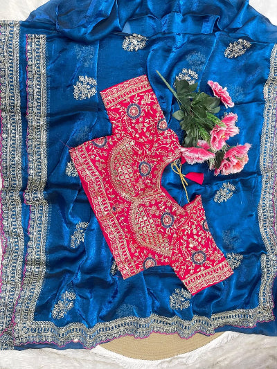 Teal Blue Embroidered Ready to Wear  Saree with Stitched Blouse for Women | Asian Ethnic Wear