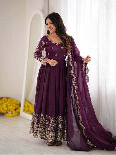 Plum Purple Tissue silk Embroidery &amp; Sequin Work Anarkali Gown Suit
