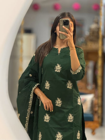 Dark Green Embroidered Straight Suit Set