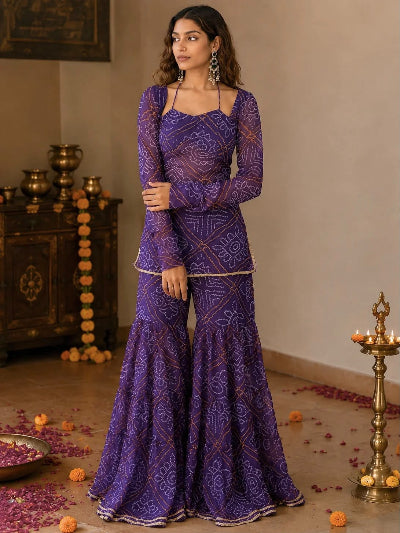 Purple Georgette Peplum Gharara Suit Set with Dupatta