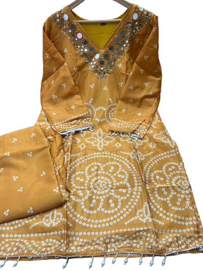 Designer Bandhani Chinon Silk Coord Set with Mirror Work