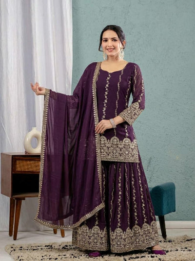 Deep Purple Crunchy Silk Embroidered Sharara Suit for Women UK