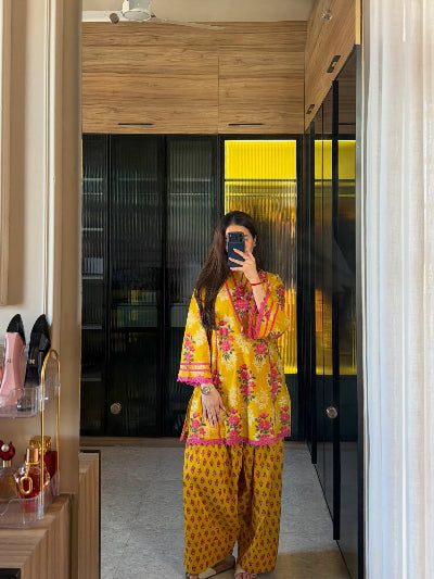 Mustard Yellow Premium Crepe Kurti Farshi Pant Set Of 2
