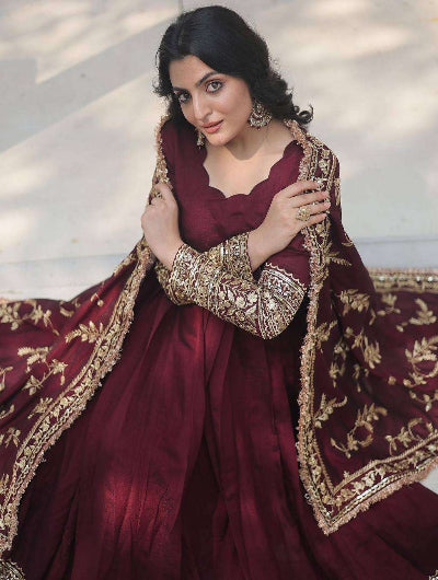 Maroon Georgette Anarkali Gown Set with Full Embroidery Sequence UK Next Day