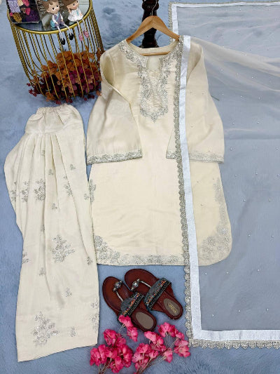 Ivory Cream Glass Silk Embroidered Farshi Suit