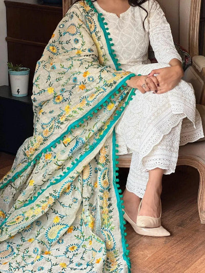 Cream Chikankari Work Straight Suit with Embroidery Dupatta
