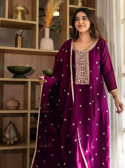 Embroidered Designer Silk Anarkali Suit Set- 3 Colours