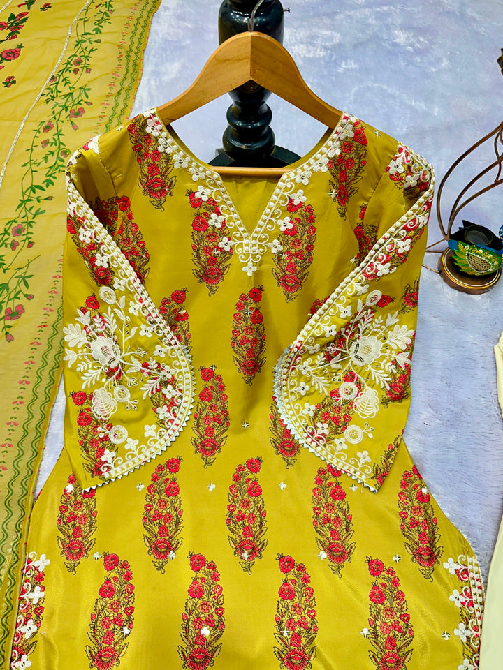 Mustard Yellow Floral Embroidered Farshi Salwar Suit Set for Women