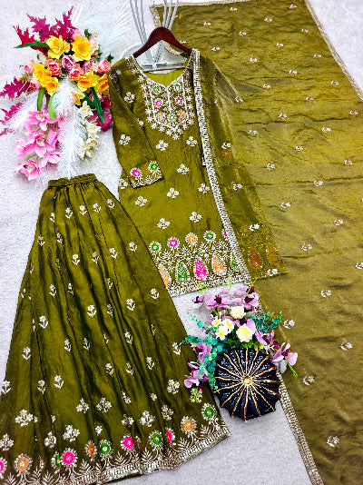 Olive Green Embroidered Sharara Suit Set for Women UK