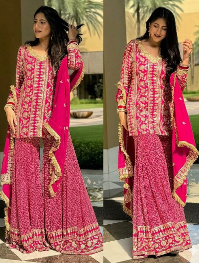 Dark Pink Sequins Work Partywear Sharara Suit UK Next Day
