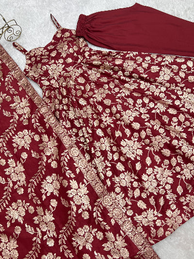 Deep Red Banarasi Gold Jacquard Sleeveless Anarkali Suit Set UK Next Day