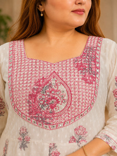 Plus Size Women Cream Pink Cotton Anarkali Dupatta Set of 2