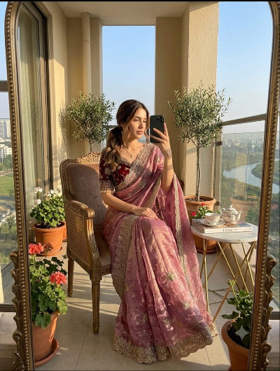 Blush Pink Pre-Stitched Ready to Wear Saree with Free Maroon Embroidered Stitched Blouse