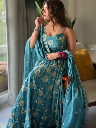 Blue Sleeveless Crush Silk Embroidered Anarkali Suit