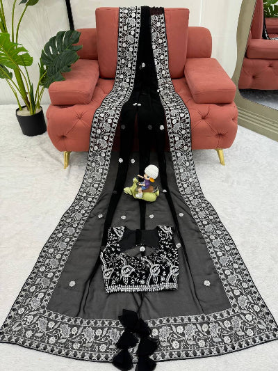 Black Georgette Thread Embroidery Ready to wear Saree with Free Stitched Blouse