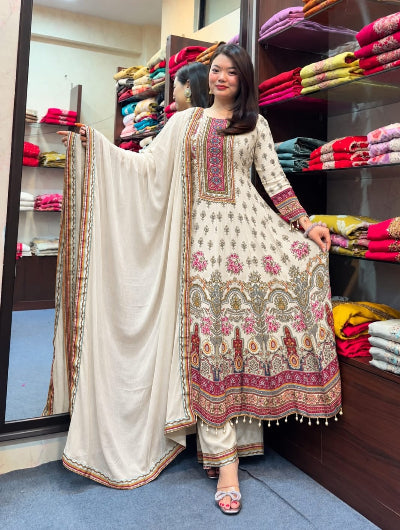 Cream Pure Chinon Handwork Anarkali Suit Set