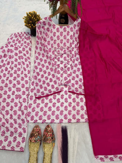 Pink Printed Cambric Cotton Farshi Pant Suit for Women