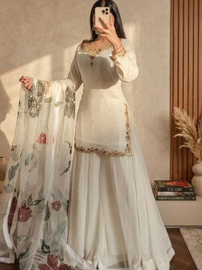 White Georgette Embroidery Sharara Suit with Floral Dupatta
