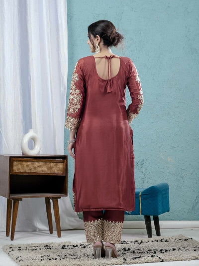 Brick Maroon Embroidered Chinnon Silk Straight Suit Set for Women UK