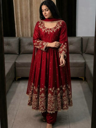 Deep Red Embroidered Anarkali Suit Set for Women