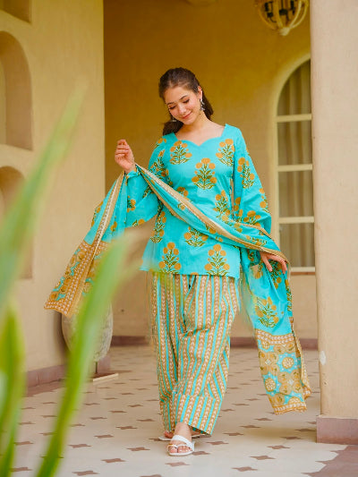 Turquoise Blue Cotton Farshi Suit for Women