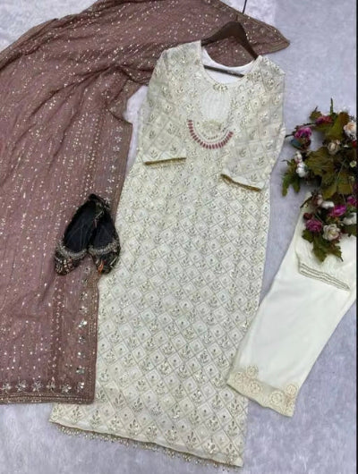 Mauve Ivory Pearls Embroidery Partywear Set UK Next Day