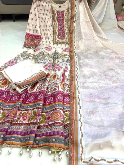 Cream Pure Chinon Handwork Anarkali Suit Set