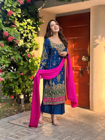 Peacock Blue Pink Sequins Embroidered Straight Suit